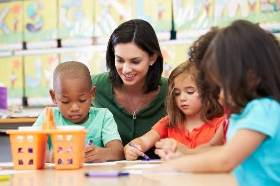 Young children drawing and doing artwork with their teacher at school