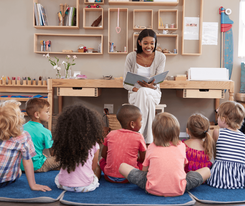 Colorful animated scene of children reading and exploring books together, promoting early literacy
