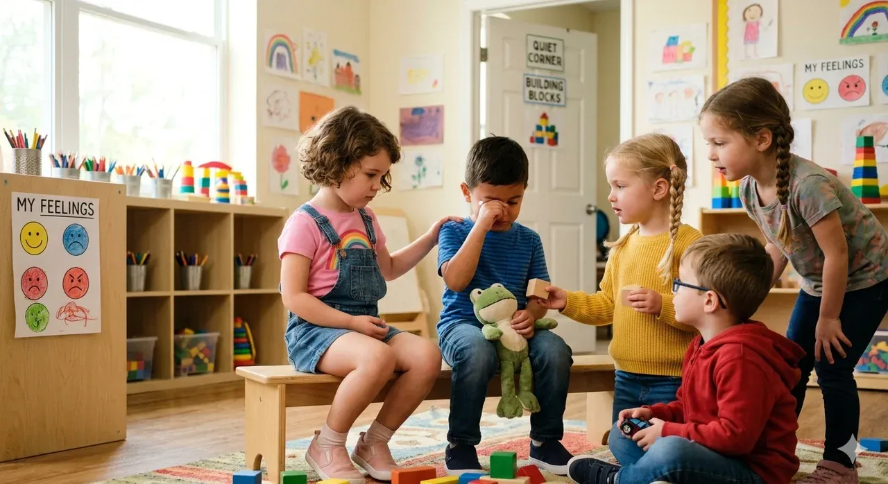 Illustration of preschool child development showing emotional, language, and cognitive growth